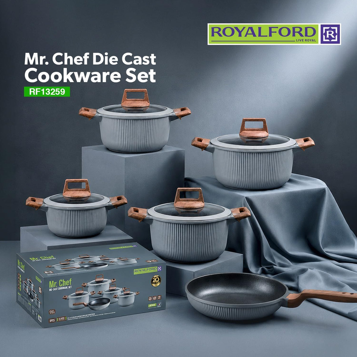Royalford Mr. Chef 9-Piece Marble-Coated Die-Cast Aluminium Cookware Set – Grey, RF13259