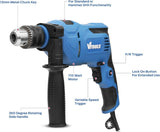 VTOOLS 112 Pcs 710W Electric Impact Drill Set with 13mm Keyed Chuck, 0-3000RPM Speed, 48,000BPM Hammer Action, Auxiliary Handle, 42 Drill Bits, Screwdriver Bits & Socket Kit, Blue, VT1225-KIT