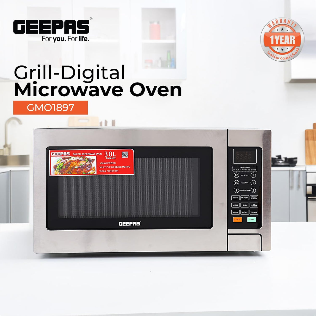 Geepas GMO1897 Grill - Digital Microwave Oven - 30L capacity - 1500W Oven with Multiple Cooking Menus |Reheating, Defrost & Grill |Ideal Grilling, Roasting, Heating & More