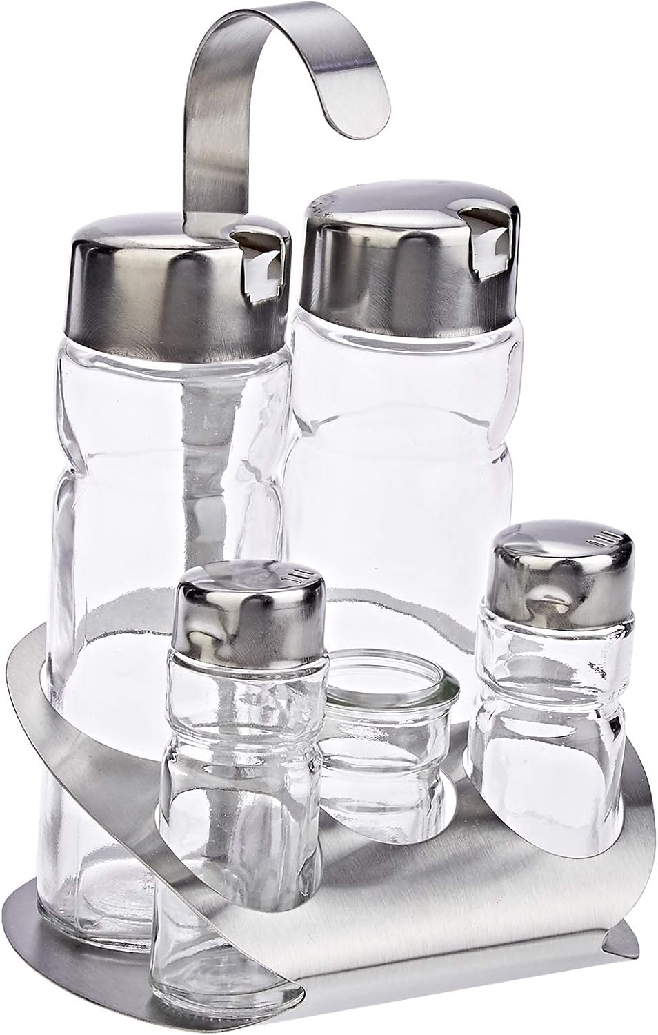 Harmony 5-Piece Salt & Pepper Shakers and Oil & Vinegar Bottles Set with Metal Stand – Clear