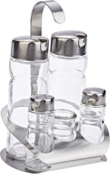 Harmony 5-Piece Salt & Pepper Shakers and Oil & Vinegar Bottles Set with Metal Stand – Clear