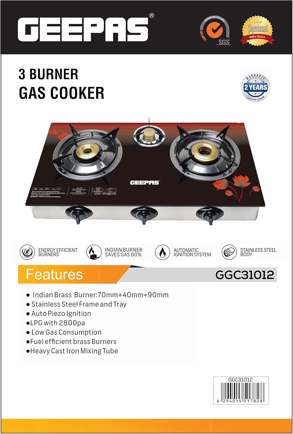 Geepas GGC31012 3-Burner Gas Cooker Size 70mm, 40mm & 90mm Respectively - Ergonomic Design, Automatic Ignition, 3 Heating Zones |Stainless Steel Frame & Tray