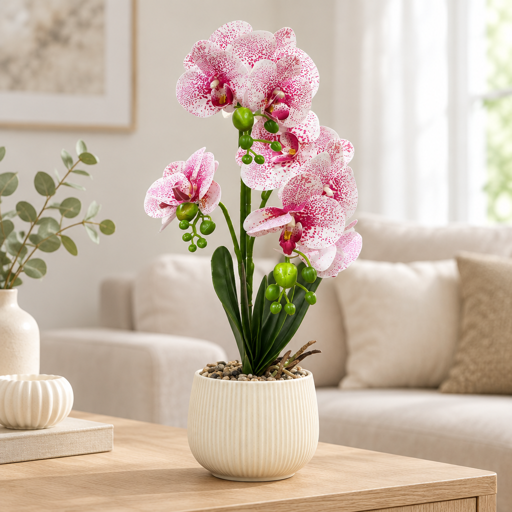 Artificial Orchid Flower Plant with Ceramic Pot Pink & White - 40cm