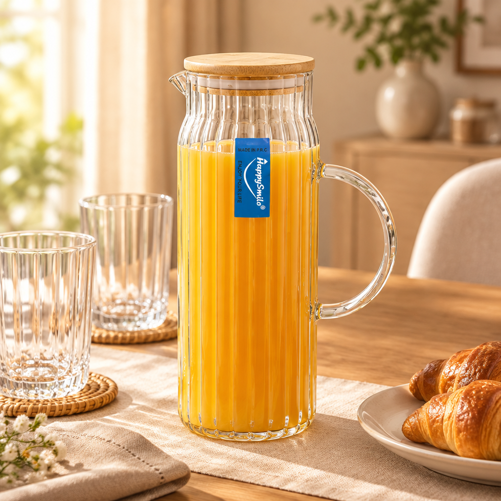Happysmile Ribbed Glass Jug with Wooden Lid - 1 Litre