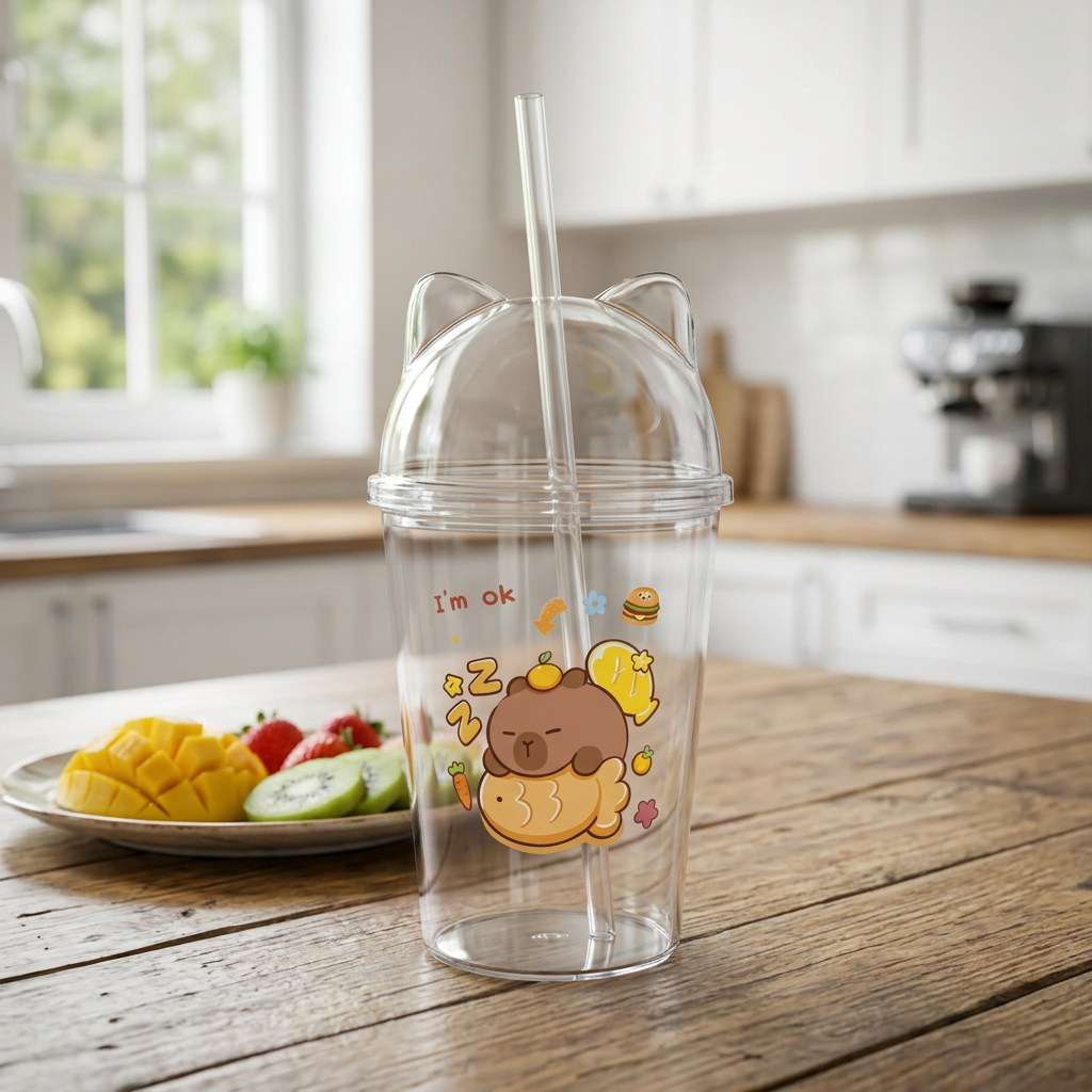 Plastic Juice Mug with Cat-Ear Lid & Straw - 500ml