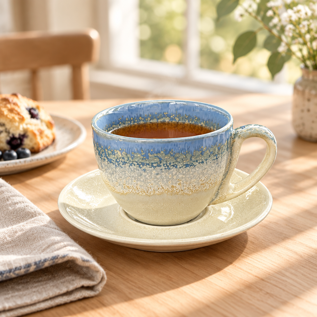 Ceramic Cup and Saucer Set Cream & Blue - 300ml