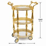 MayFlower 3-Tier Round Gold Metal & Glass Serving Trolley with Ornate Filigree Design and Caster Wheels – 90×50cm | Luxury Hospitality & Majlis Tea Cart |
