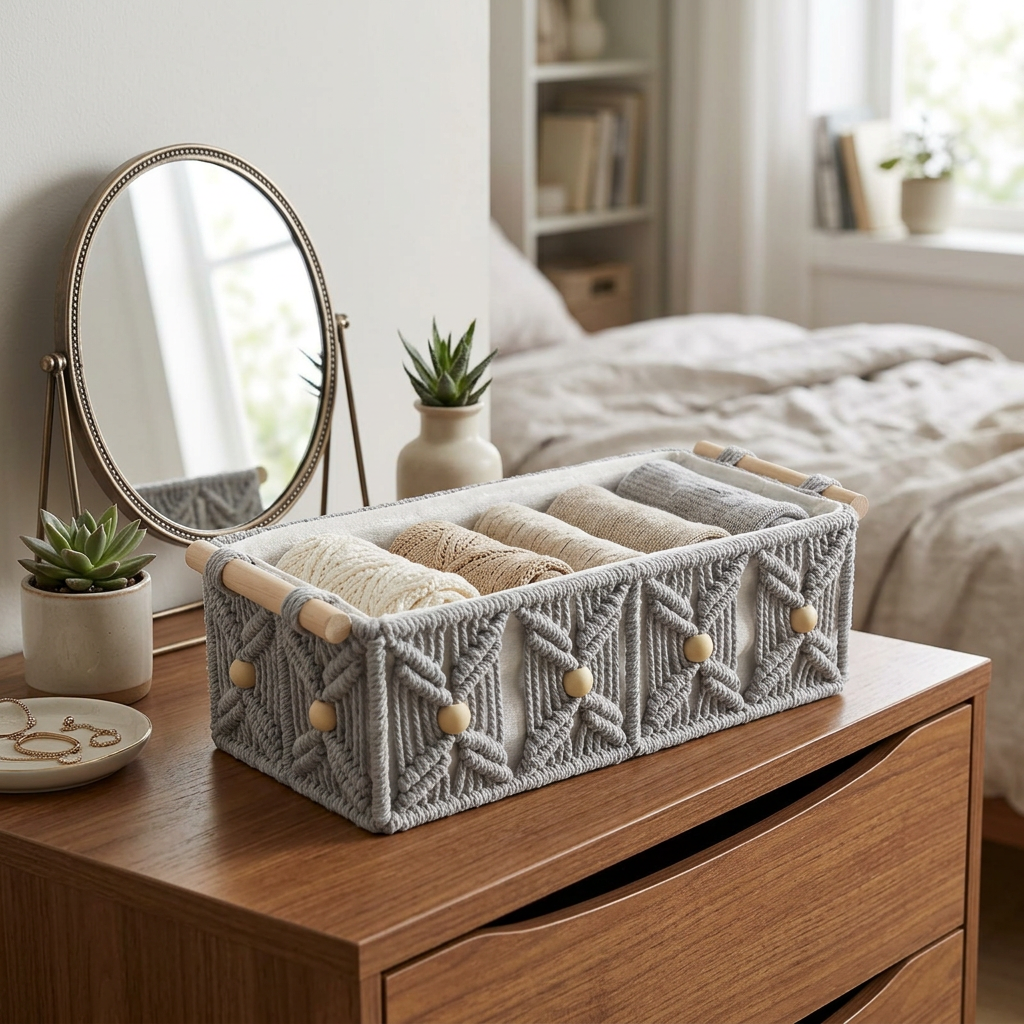Rectangular Open Cloth Storage Box with Wooden Handles Grey – 30×15cm