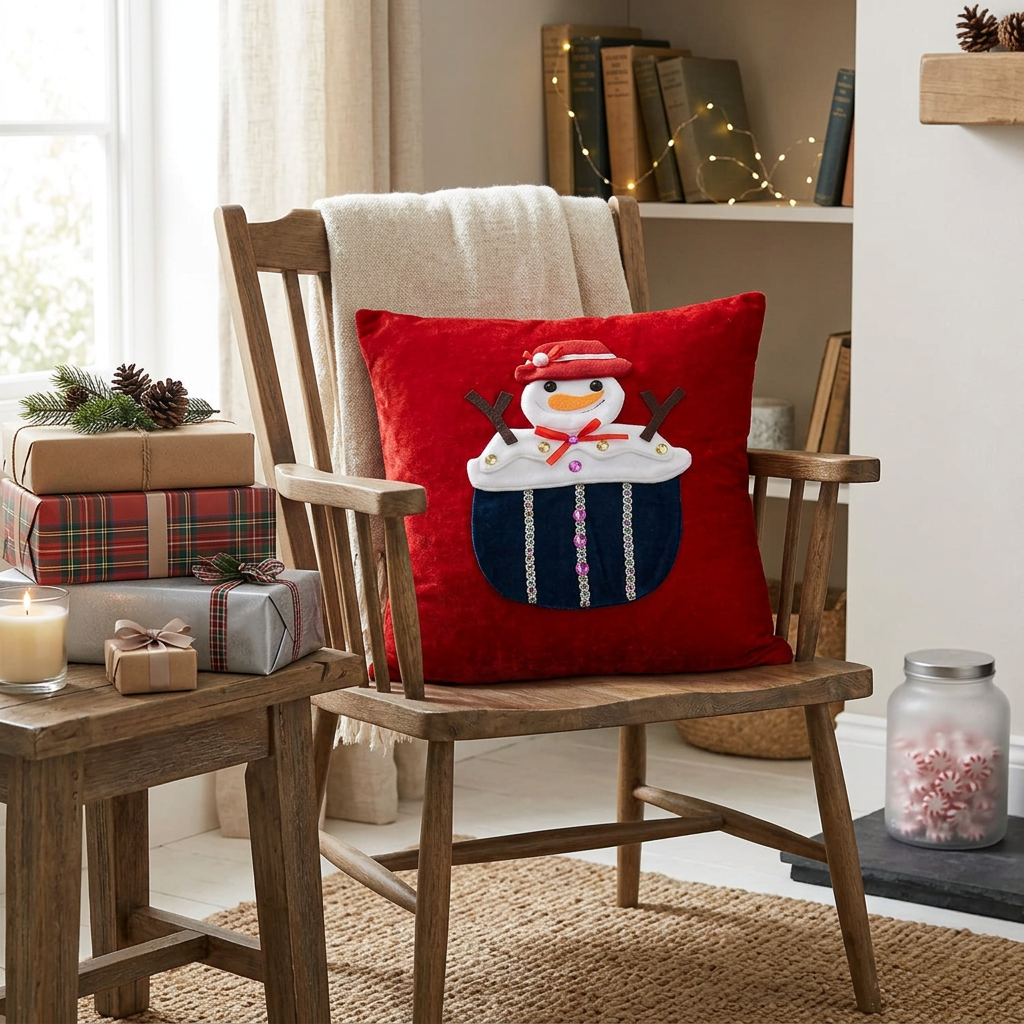 Christmas Snowman Decorative Cushion Red – 40×40cm