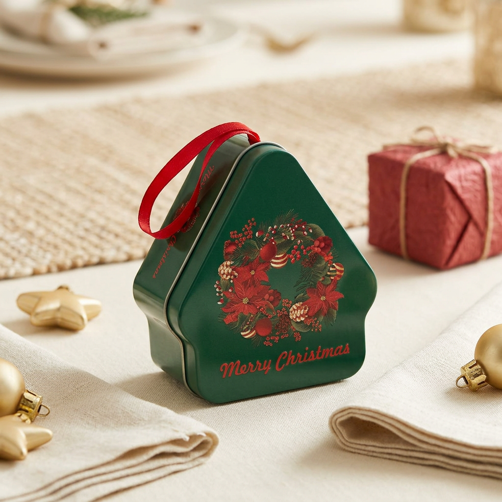 Metal Christmas Candy Box with Ribbon Dark Green - 10×8cm
