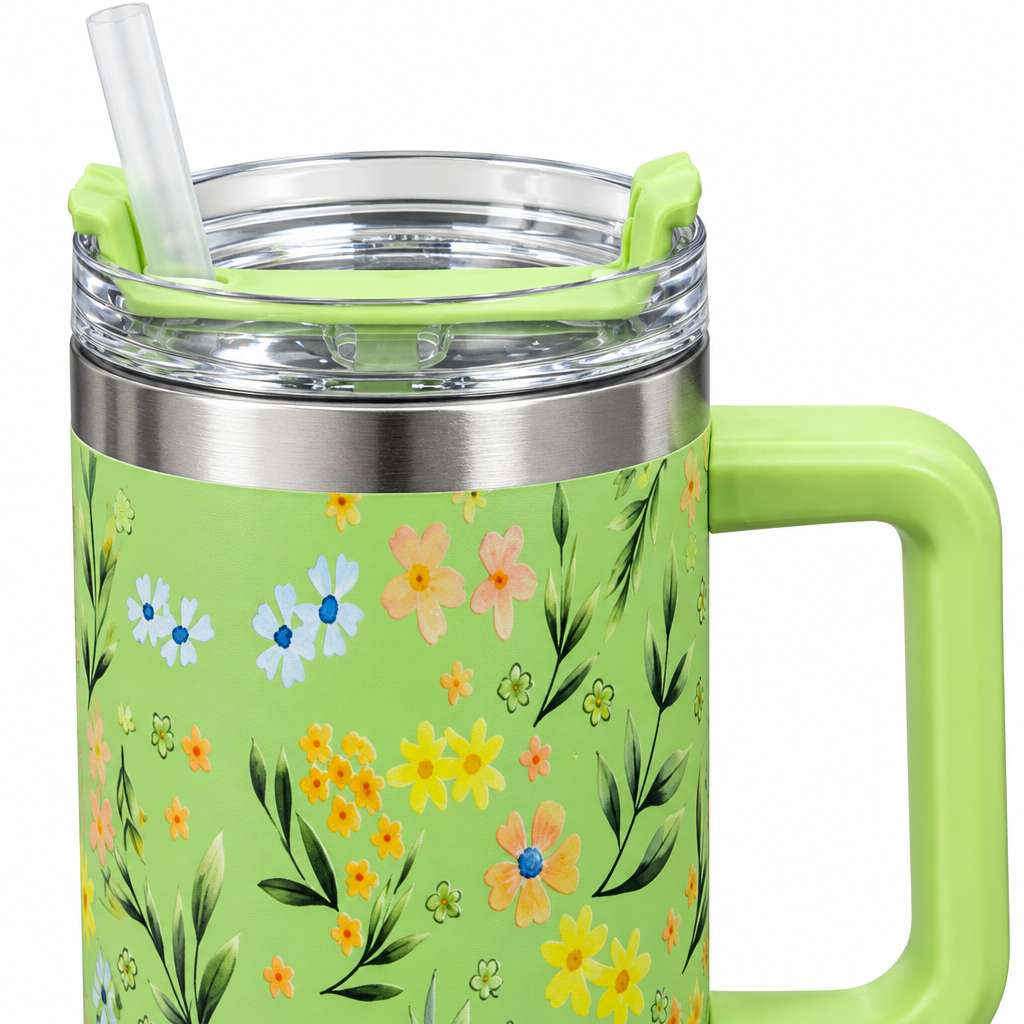 Floral Stainless Steel Water Bottle with Straw & Handle Light Green - 1 Litre