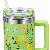 Floral Stainless Steel Water Bottle with Straw & Handle Light Green - 1 Litre