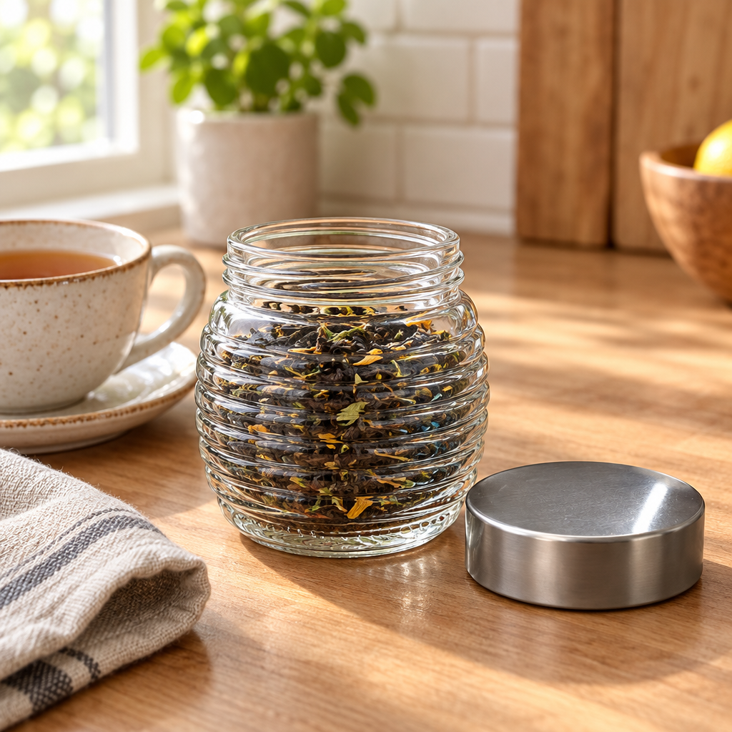 House Mart Ribbed Glass Jar with Silver Lid - 230ml