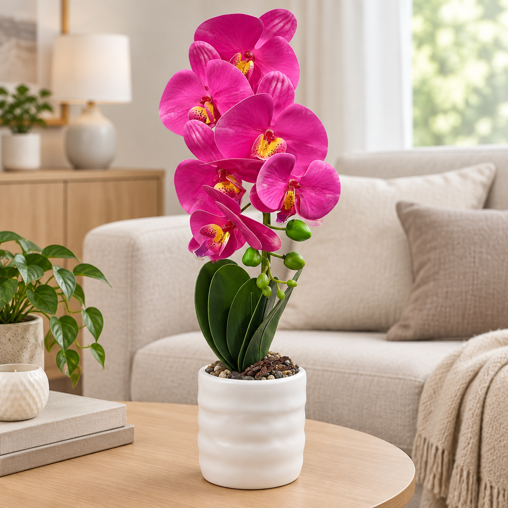 Artificial Orchid Flower Plant with Plastic Pot Magenta Pink –  42cm