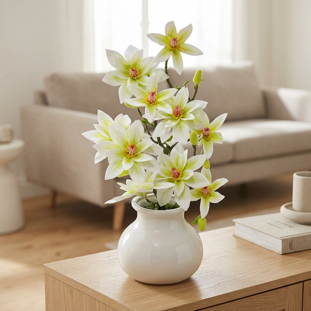 Artificial Orchid Plant in Ceramic Vase White & Lime Green - 40cm