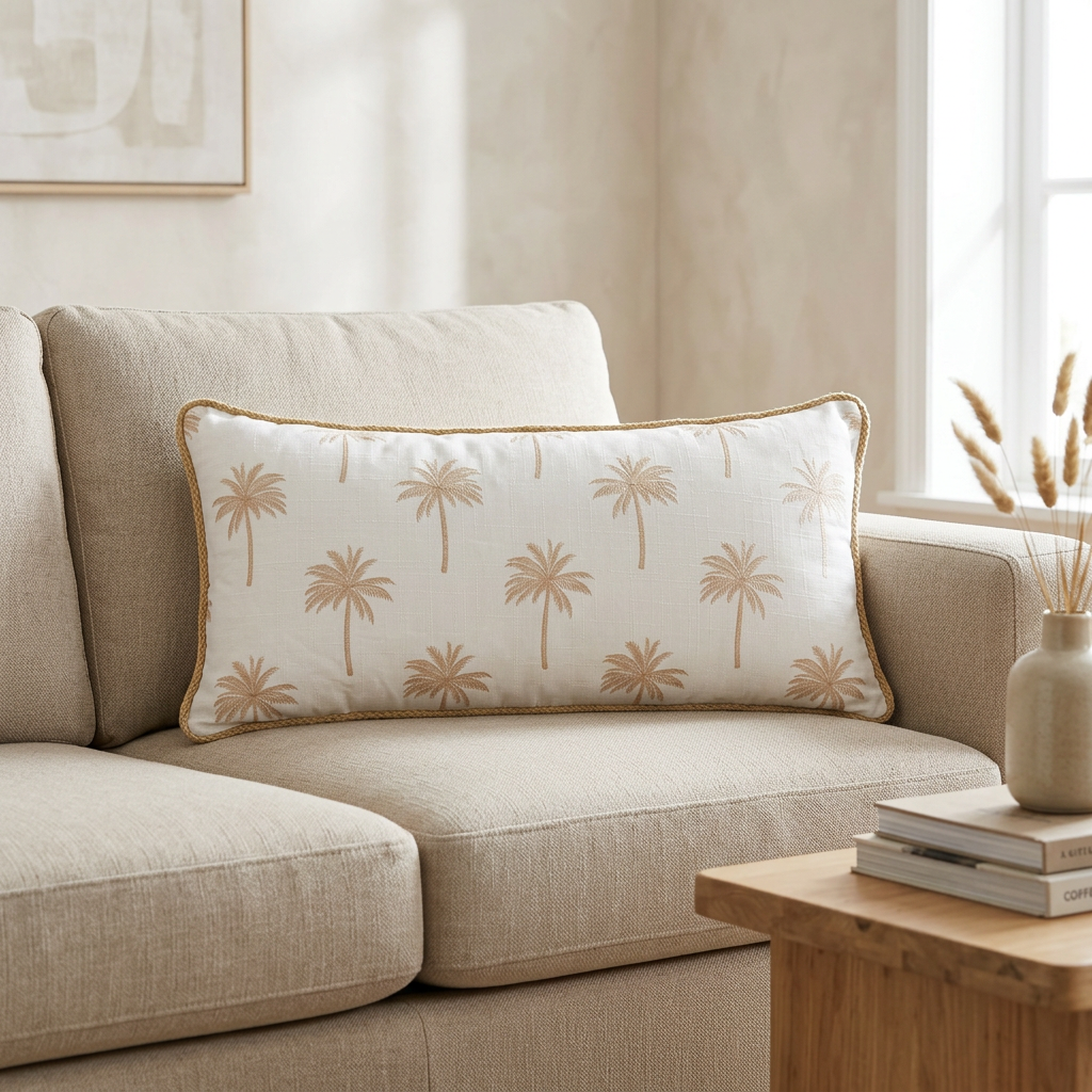 Rectangular Palm Tree Design Cushion Ivory & Beige - 30×70cm