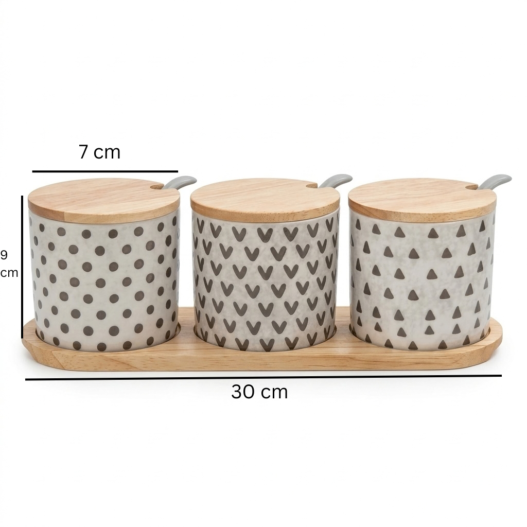 Danny Home 10-Piece Ceramic Canister Set with Wooden Lids, Tray & Spoons, White and Black, 9 × 7 cm