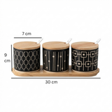 Danny Home 10-Piece Ceramic Canister Set with Wooden Lids, Tray & Spoons, Black and White, 9 × 7 cm