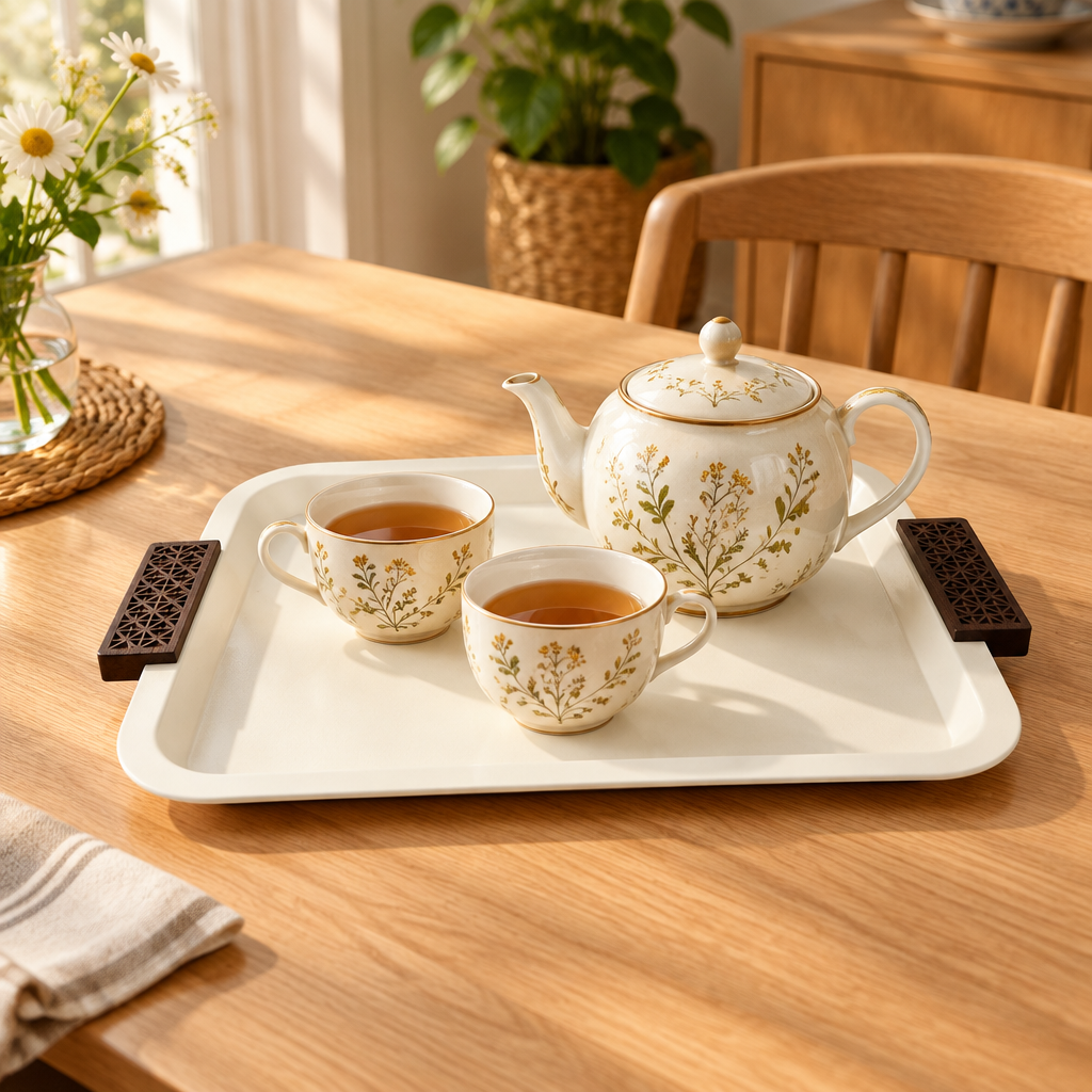 Metal Rectangle Tray with Wooden Handles Cream - 40×30cm