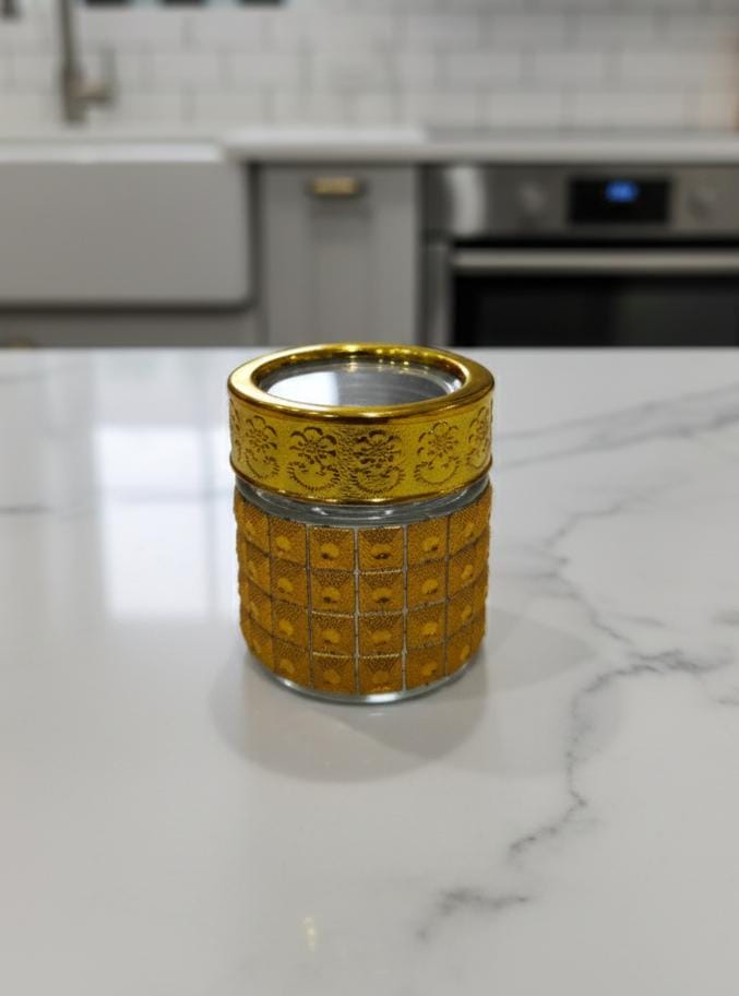 AKDC Decorative Glass Bottle – 6×5 cm Gold Finish, Elegant Mini Bottle for Décor & Display Purposes