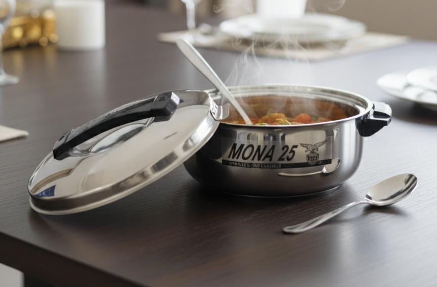 EAGLE PREMIUM STAINLESS STEEL CASSEROLE – 2500ML DURABLE HOT POT WITH DOUBLE WALL INSULATION, STEEL COLOR FOOD STORAGE & SERVING DISH