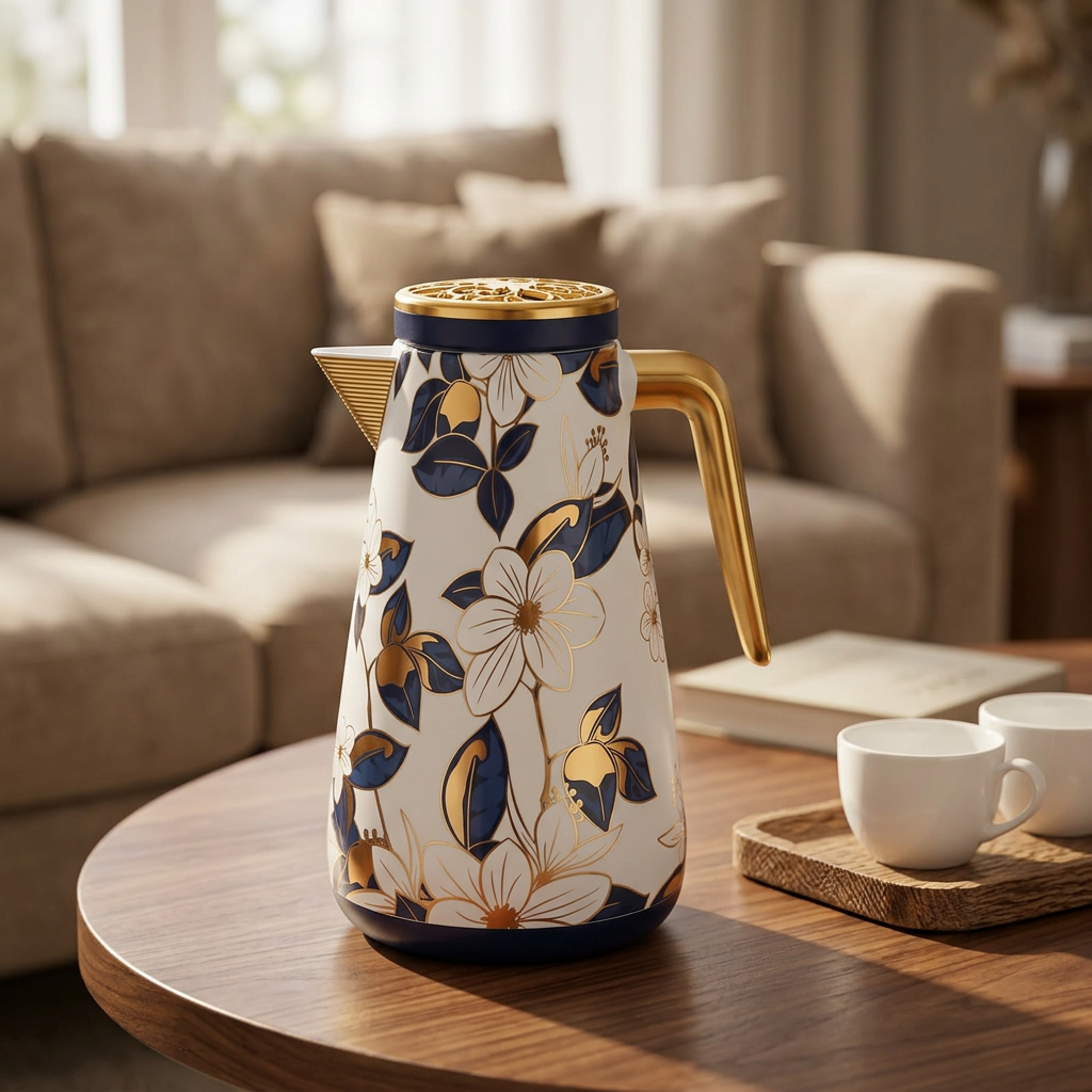 Royalford Floral Vacuum Flask White & Navy Blue - 1 Litre
