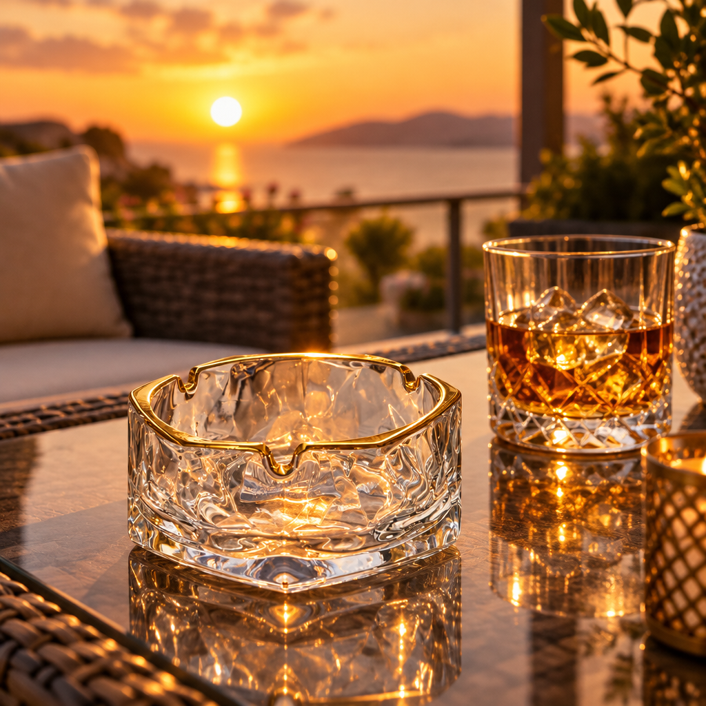 Diamond Glass Ashtray with Golden Rim – 11cm