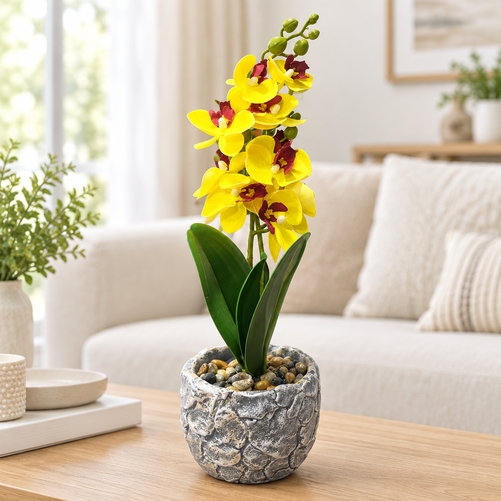 Artificial Orchid Flower Plant with Ceramic Pot Yellow – 40cm