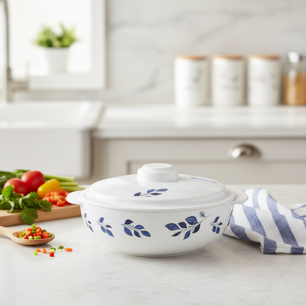 Henlee White & Blue Melamine Bowl with Lid - 7.75 Inch