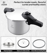 Life Smile 6L Pressure Cooker – 18/10 Stainless Steel, Push Button Lock System, Induction Compatible, Heat-Resistant Handles, Silver