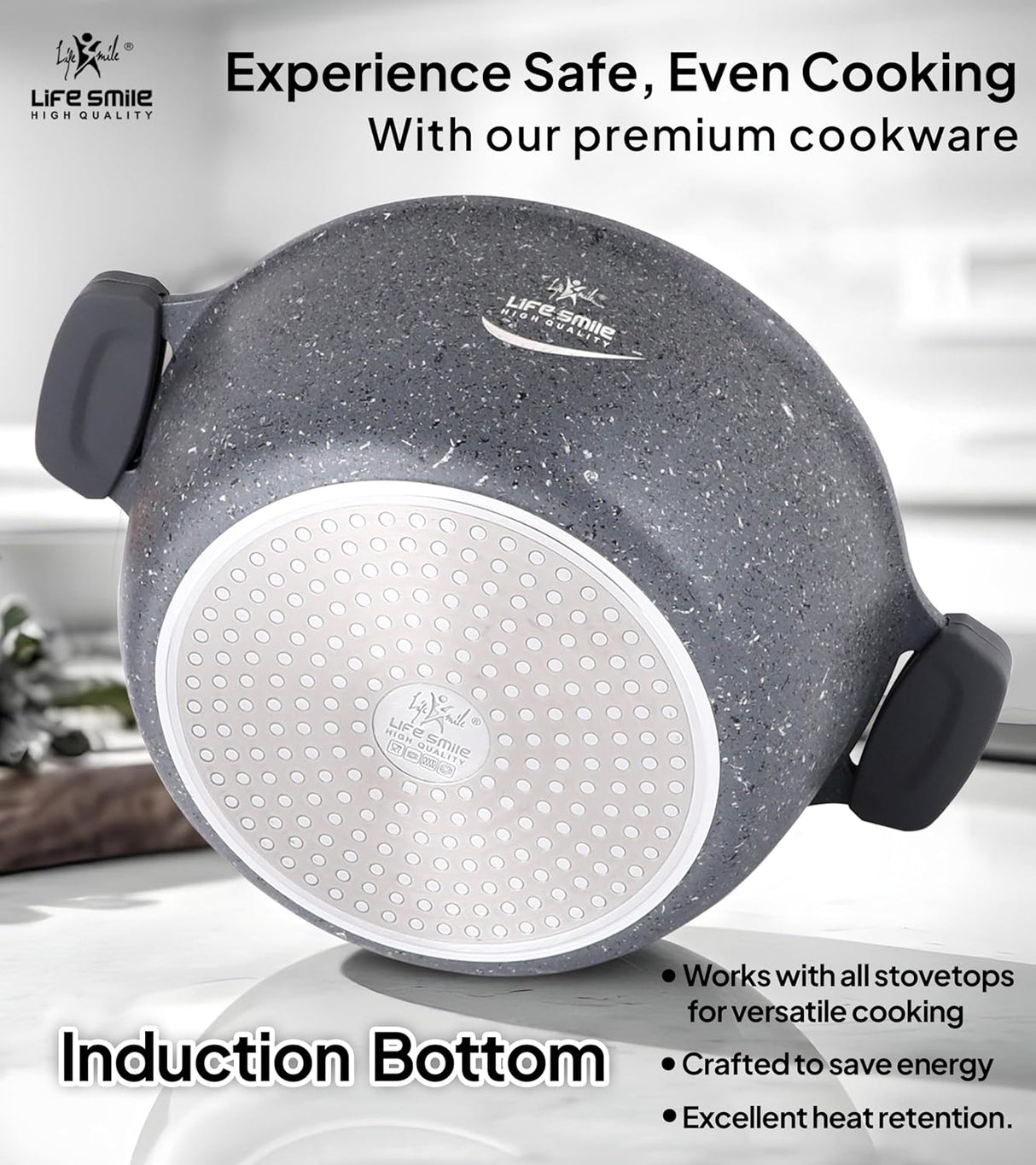 Life Smile  Burj Khalifa Series 8pcs  Non-Stick Granite Coating Cookware Set Includes 6.1 Liter Soup Pot with Lid- 1pc, 3.8 Liter Soup Pot with Lid- 1pc, 2.3 Liter Soup Pot with Lid- 1pc, 2.8 Liter Fry Pan Lid- 1pc, LIFEP16-8-Gray