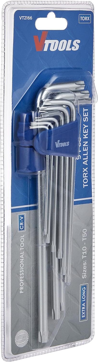 Vtools 9 Piece Extra Long Chrome Vanadium Torx Key Wrench Set(1.5-10mm), Portable Hex Key Set For Basic Home Repair And General Applications, VT2166