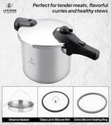 Life Smile 10L Pressure Cooker – 18/10 Stainless Steel, Push Button Lock System, Induction Compatible, Heat-Resistant Handles, Silver