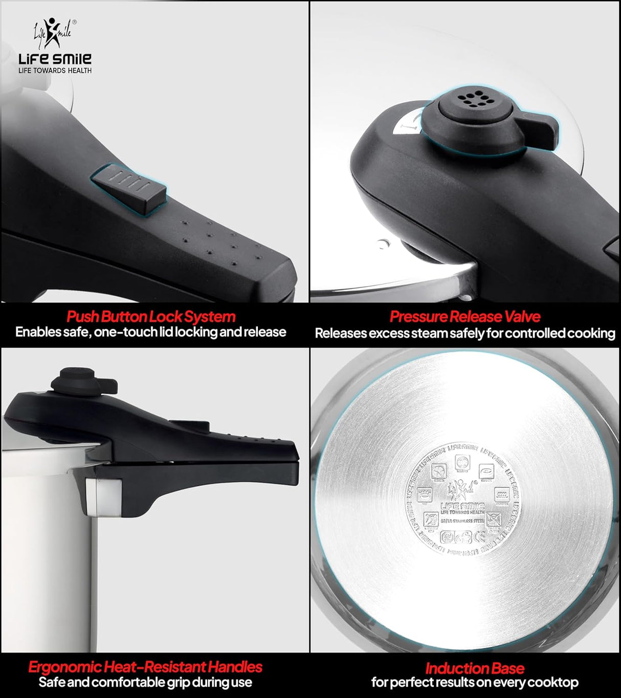 Life Smile 10L Pressure Cooker – 18/10 Stainless Steel, Push Button Lock System, Induction Compatible, Heat-Resistant Handles, Silver