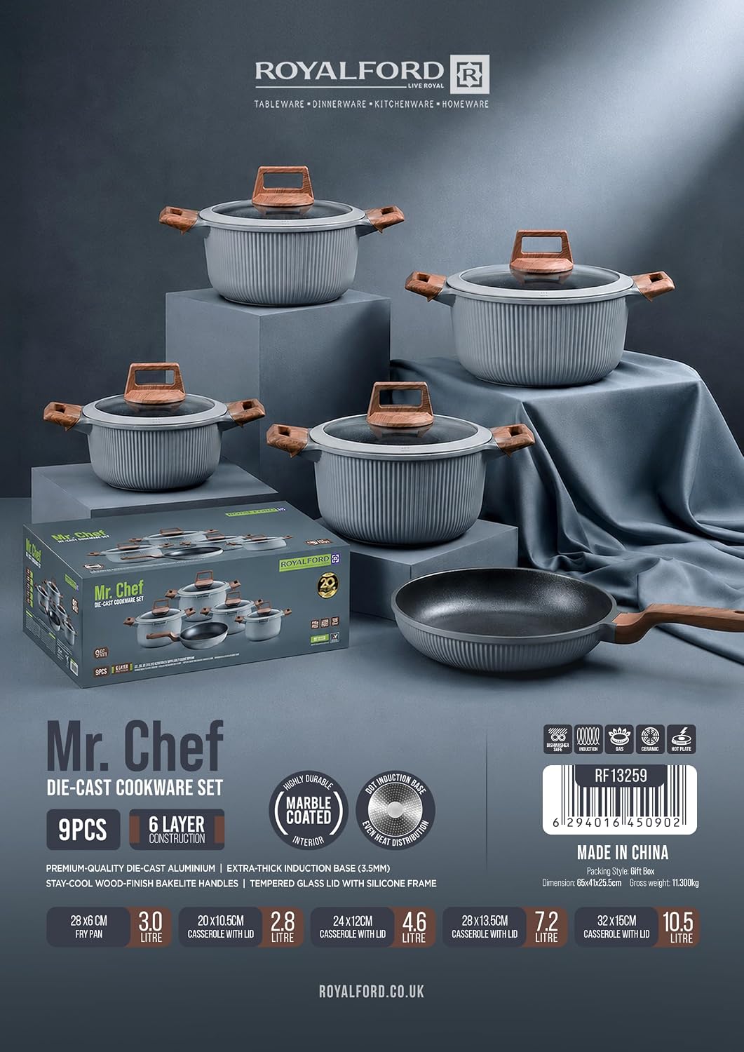 Royalford Mr. Chef 9-Piece Marble-Coated Die-Cast Aluminium Cookware Set – Grey, RF13259