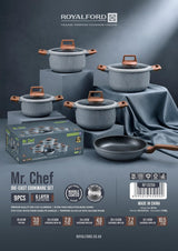 Royalford Mr. Chef 9-Piece Marble-Coated Die-Cast Aluminium Cookware Set – Grey, RF13259