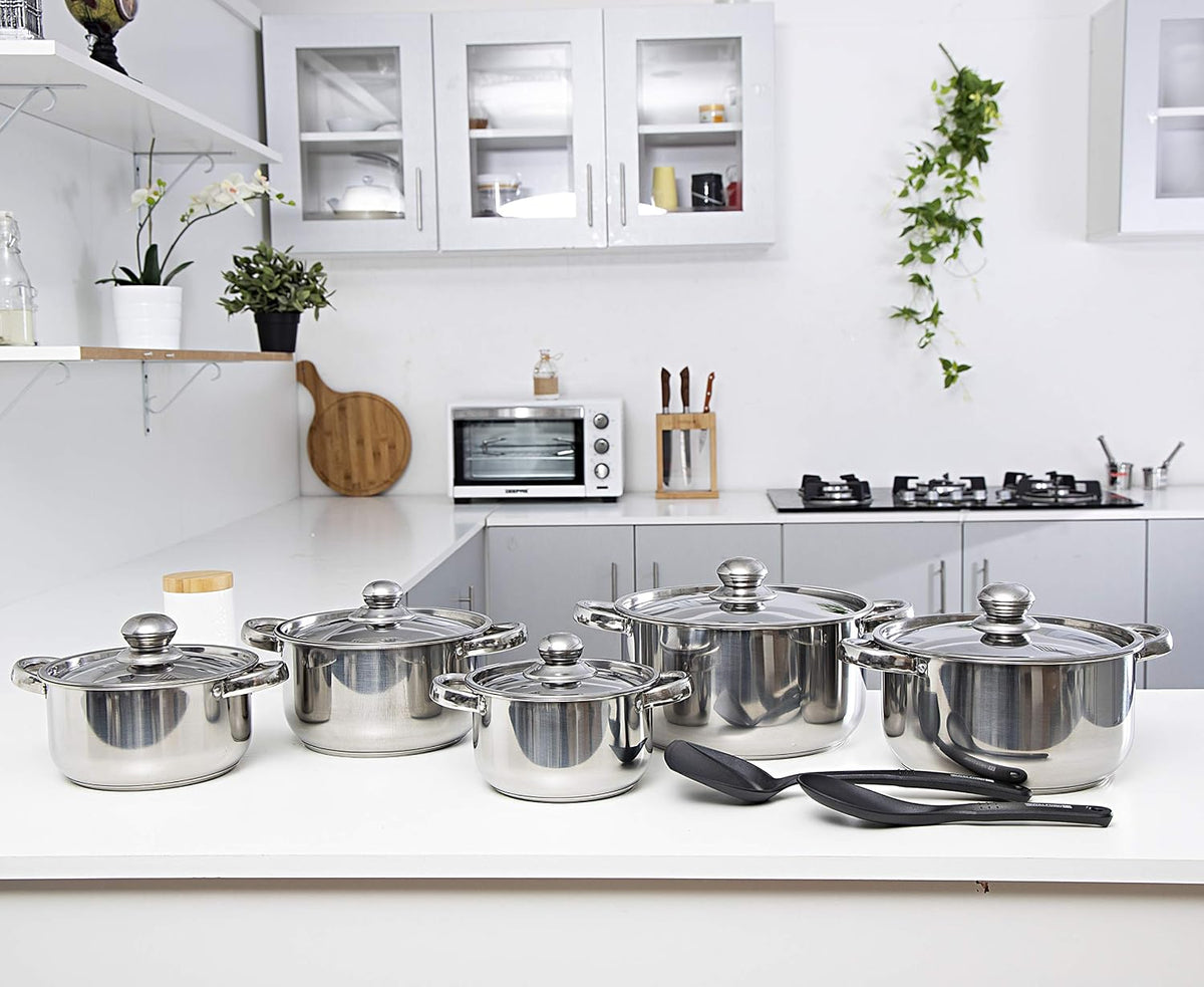 Royalford RF9352 12-Piece Stainless Steel Cookware Set with Lids and Kitchen Tools