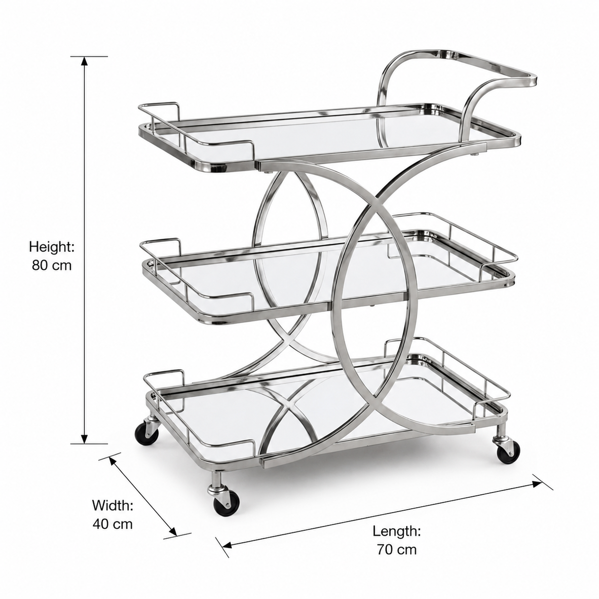 Life Smile 3-Tier Silver Chrome Metal & Mirror Glass Serving Trolley | Multi-Purpose Rolling Cart with Circular Frame | 80×70×40 cm |