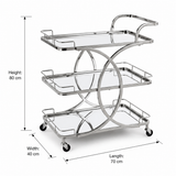 Life Smile 3-Tier Silver Chrome Metal & Mirror Glass Serving Trolley | Multi-Purpose Rolling Cart with Circular Frame | 80×70×40 cm |