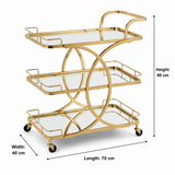 Life Smile 3-Tier Gold Metal & Mirror Glass Serving Trolley | Luxury Rolling Cart with Circular Frame Design | 80×70×40 cm | Multi-Purpose Home, Majlis & Dining Trolley |