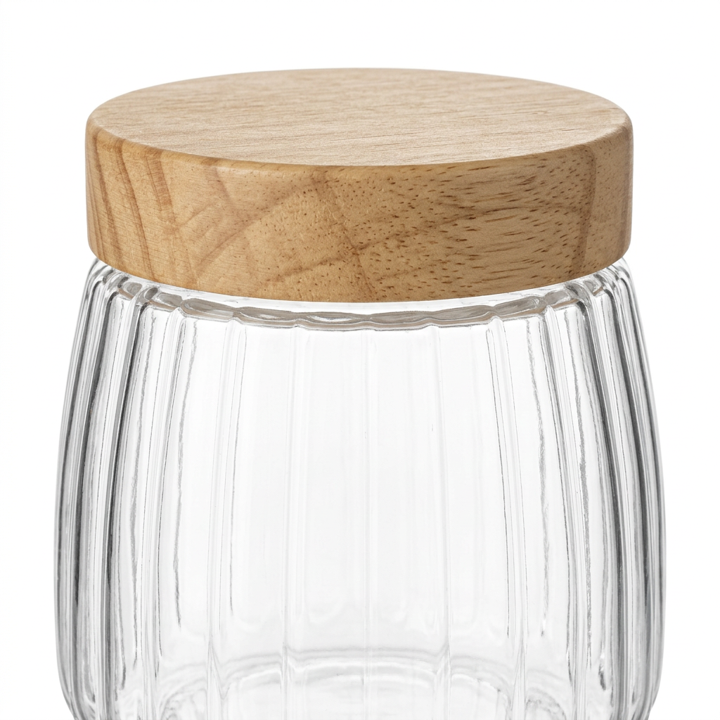 Ribbed Glass Jar with Wooden Lid - 500ml