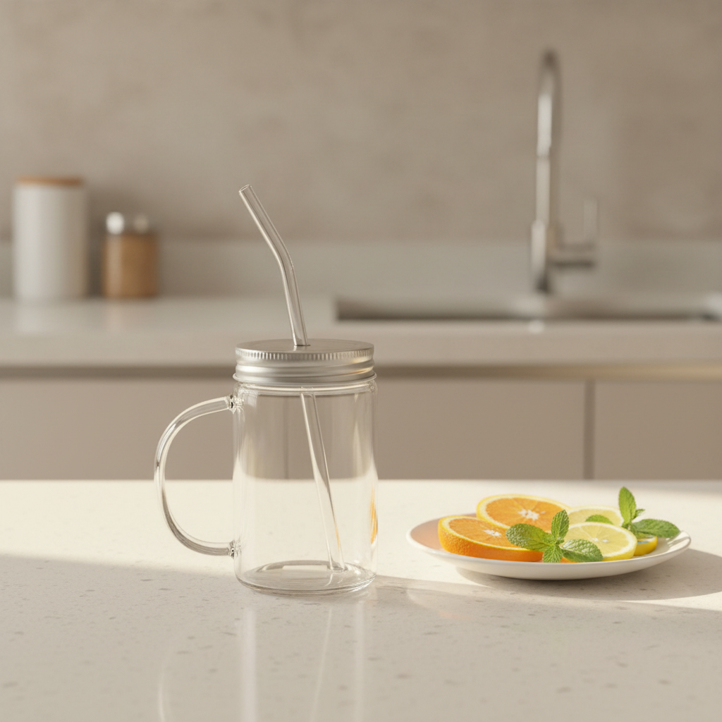 Iman Clear Juice Glass with Straw and Silver Lid - 350 ml