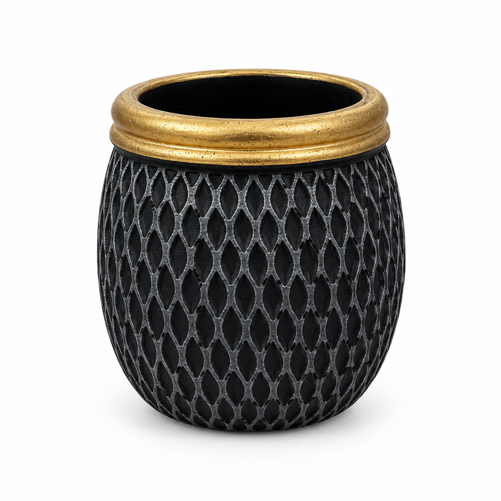 Ceramic Flower Vase Black with Gold Rim - 9×9cm