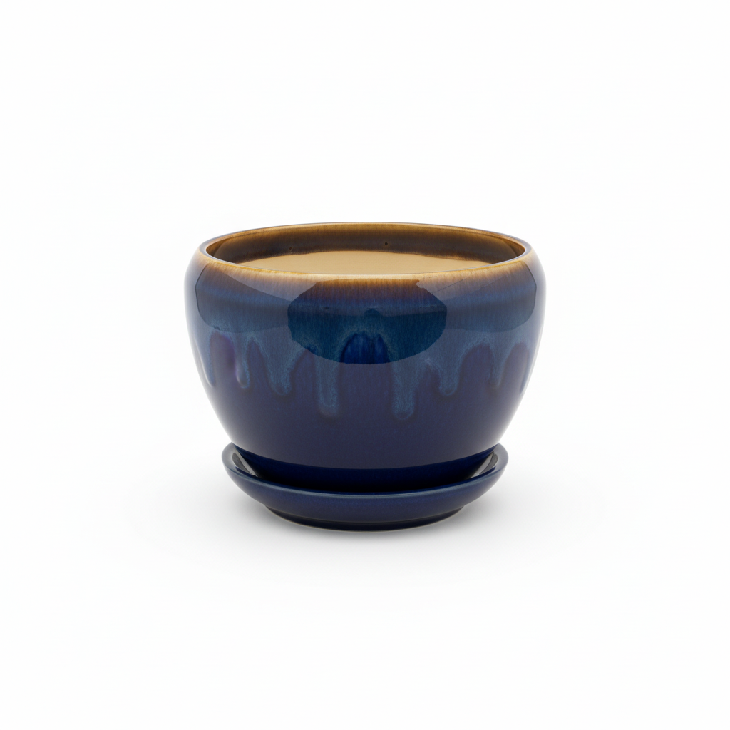 Ceramic Vase with Base Blue & Brown - 10x12cm