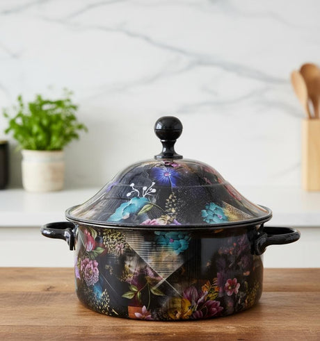 MAYFLOWER Stainless Steel Hot Pot 1500ml – Black Floral Design, Compact Insulated Casserole Bowl