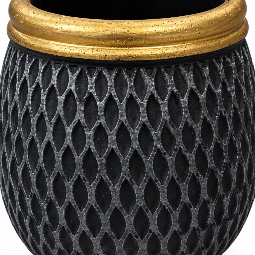 Ceramic Flower Vase Black with Gold Rim - 9×9cm