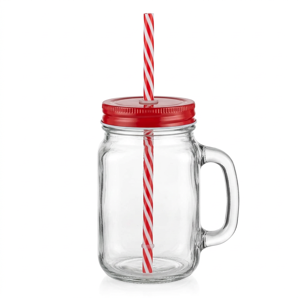 Mason Glass Jar with Handle & Straw Red - 500ml