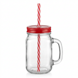 Mason Glass Jar with Handle & Straw Red - 500ml