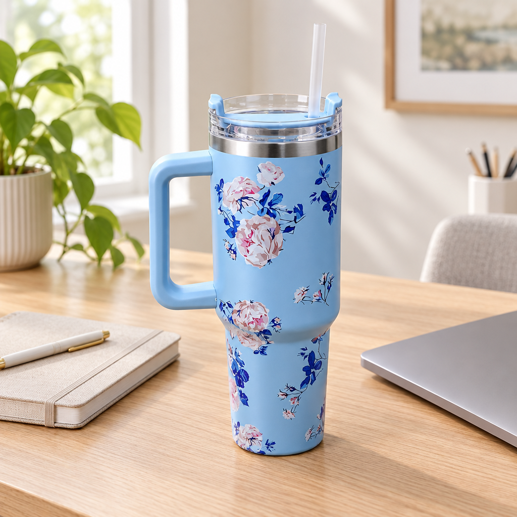 Stainless Steel Water Bottle with Straw & Handle Light Blue - 1 Litre