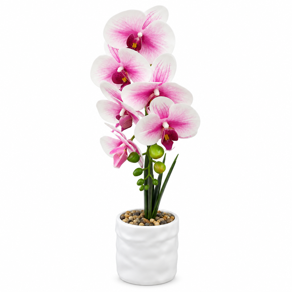 Artificial Orchid Flower Plant with Plastic Pot Pink & White – 42cm